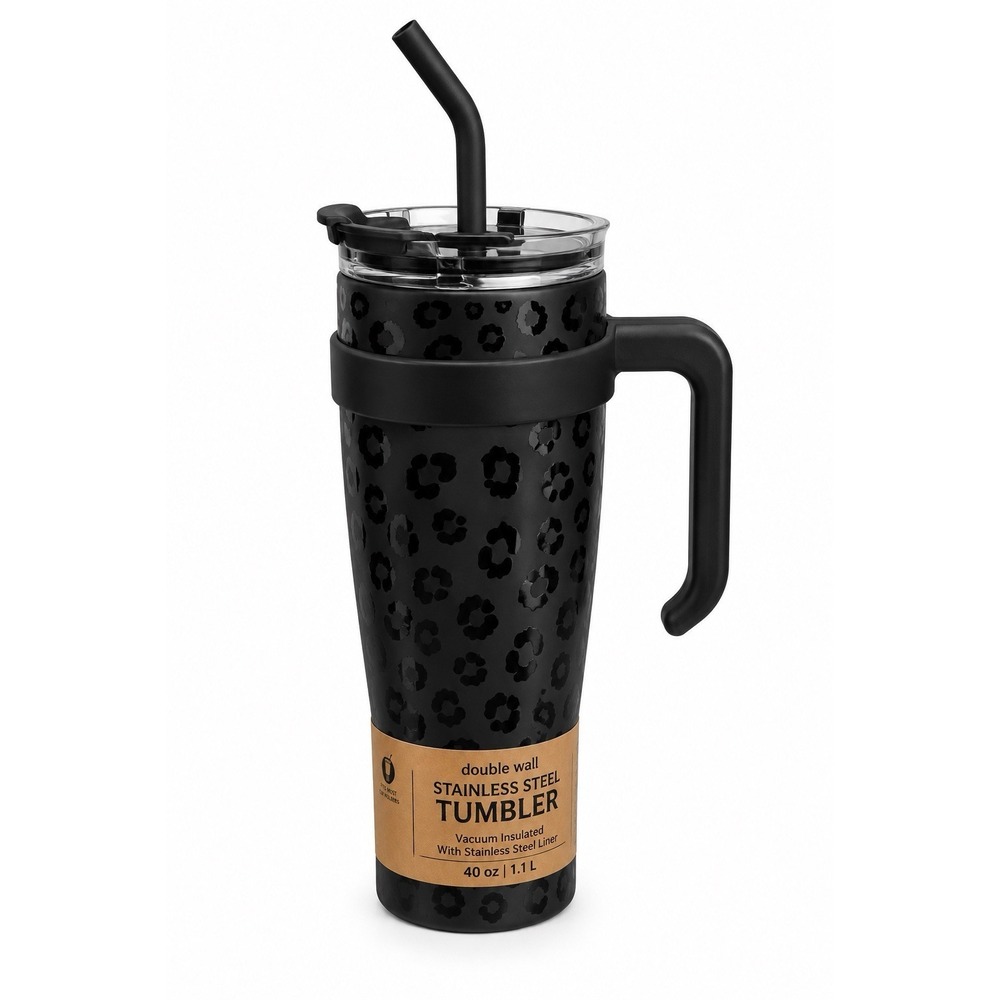 Black Leopard Print 40oz Stainless Steel Tumbler Handle Straw New Hobby Lobby